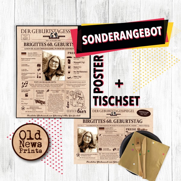 60th Birthday gift, 70th Birthday gift, Poster + Tischset, Personalized newspaper, Zeitungsposter deutsch, Digital download,