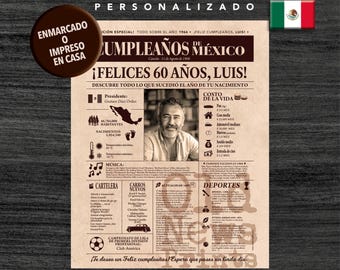 Póster de periódico para el 60 cumpleaños · Periódico mexicano vintage personalizado · Regalo