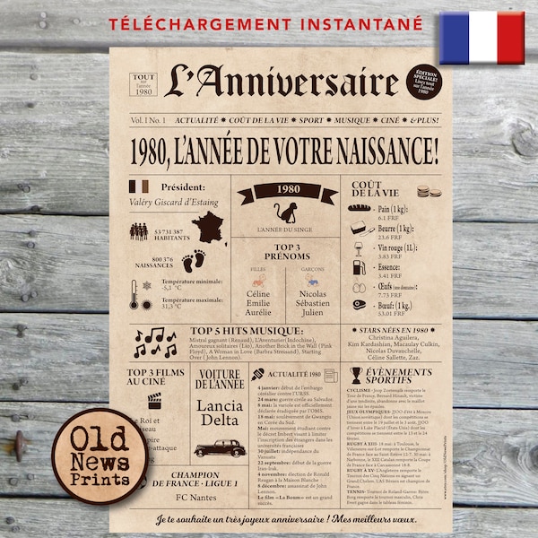 Affiche 1980 - Affiche année de naissance, anniversaire 44 ans, idée cadeau pas cher, décoration fête anniversaire, cadeau dernière minute