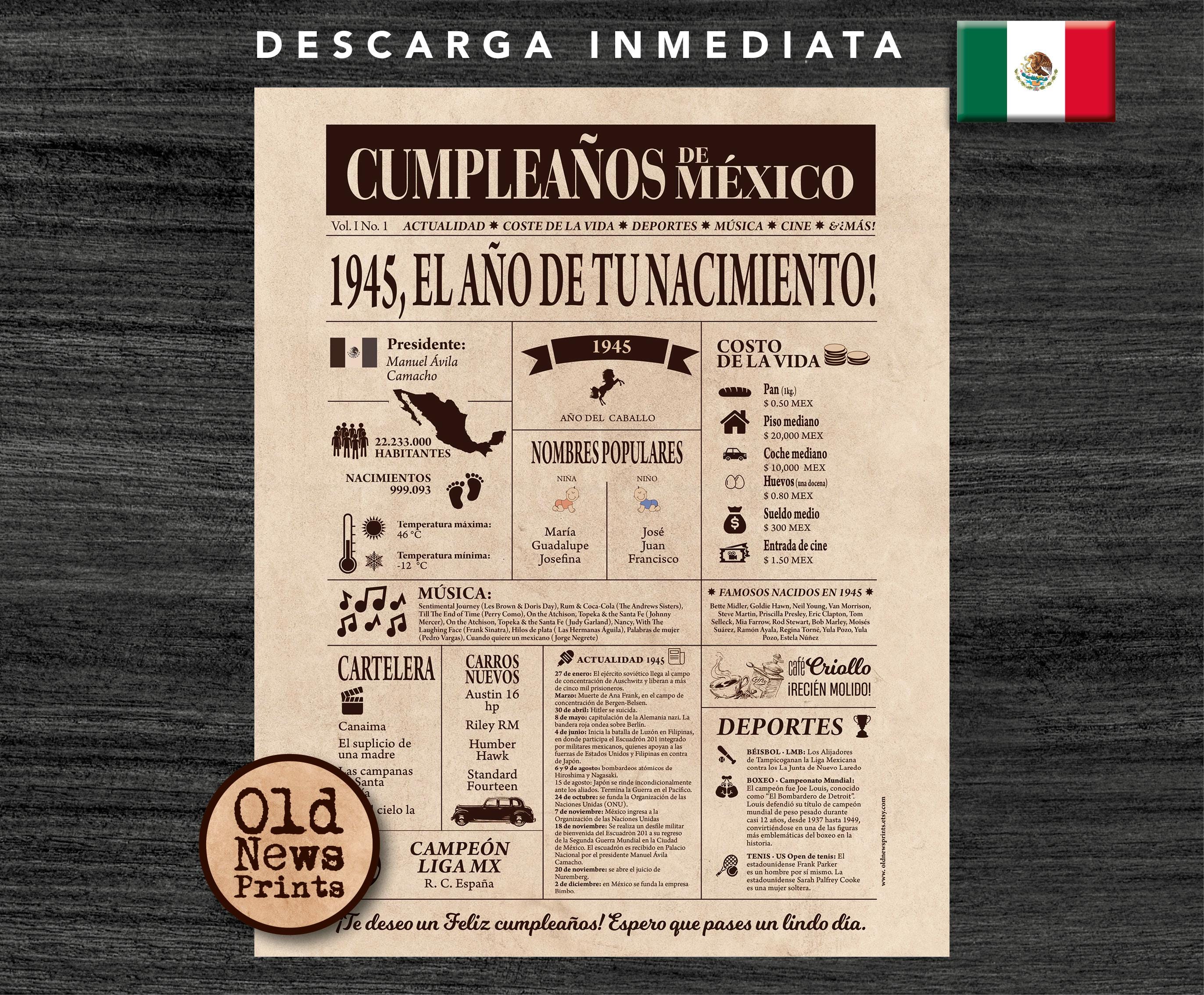 80 Años Celebración: Portada Vintage Periódico Cumpleaños, Año de Nacimiento en México, 1945 Regalo Único. Back to 1945