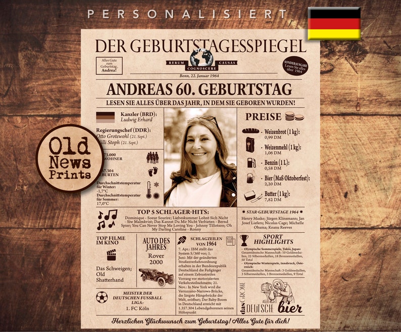 60th Birthday gift, Personalized Birthday newspaper poster, Born in 1964, German Birthday gift, Birthday party decoration, 60 years old image 1