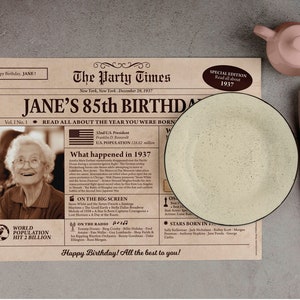 85th Birthday gift, Placemats, Custom Paper Placemats, Party decoration, Newspaper Birthday gift, Details for table, 70th Birthd