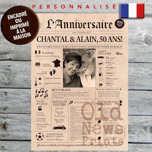 Cadeau anniversaire de mariage, Affiche journal rétro, Cadeau anniversaire, Cadeau coppia, Affiche personnalisée, 1975, Journal français