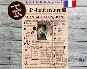 Cadeau anniversaire de mariage, Affiche journal rétro, Cadeau anniversaire, Cadeau couple, Affiche personnalisée, 1975, Journal français