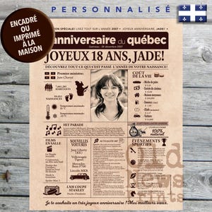 Journal de naissance Québec 2007 - Affiche Année de Naissance, Décoration Anniversaire, Cadeau 18 Ans - CANADA