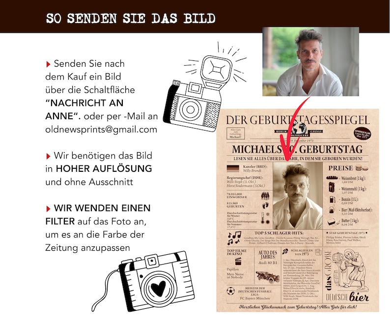 May include: A guide on how to send a photo for a personalized birthday newspaper. The guide includes instructions on sending a high-resolution photo and applying a filter to match the newspaper's color scheme. The guide also includes a sample birthday newspaper with a photo of a man.