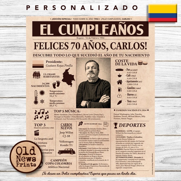 Portada vintage del año 1954 - El regalo personalizado para los nacidos en Colombia que cumplen 70 años