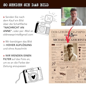 May include: A personalized newspaper print with the headline "DER GEBURTSTAGESSPIEGEL" and the name "MICHAELS O. GEBURTSTAG". The print includes a photo, text, and illustrations, with instructions on how to send a photo for customization.