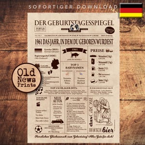 Geschenkzeitung zum 64. Geburtstag 1961- Vintage DEUTSCH Geburtstagszeitung mit echten Daten - einzigartiges Geburtstagsgeschenk