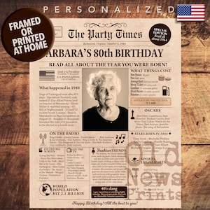 80th Birthday Newspaper Poster, 80th Birthday Gift for Him or Her, 80th Birthday Decorations, Gifts for Men, Gifts for Women, Back in 1944