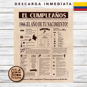 Op de afbeelding: Een vintage-stijl print met de kop "EL CUMPLEAÑOS" en het jaar "1966". Het ontwerp bevat tekst en afbeeldingen over het geboortejaar, met een Colombiaanse vlag rechtsboven. De print heeft een "Old News Prints" logo.