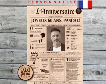 Cadeau 60 ans, Affiche journal rétro, Cadeau anniversaire, Cadeau homme 60 ans, Affiche personnalisée, Né en 1964, Affiche journal français