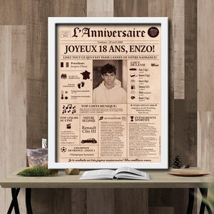 May include: A framed poster titled L'Anniversaire featuring a sepia-toned newspaper layout from 2006. It includes a central photograph of a young person, text detailing historical facts, music hits, and sports events from that year in French.