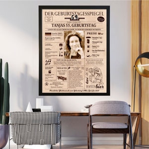 May include: A vintage-style newspaper design with a photo of a woman and text that reads "Der Geburtstagespiegel Tanjas 55. Geburtstag". The newspaper design includes information about the year 1968, including top songs, cars, and events.