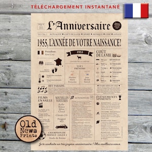 Affiche 1955, Affiche année de naissance, Cadeau anniversaire 70 ans, Décoration fête anniversaire, Journal rétro, Affiche personnalisée