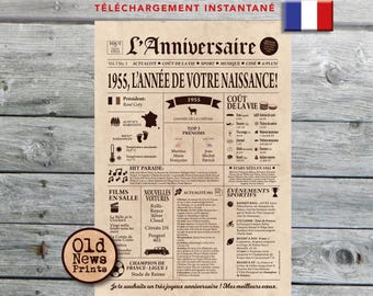 Affiche 1955, Affiche année de naissance, Cadeau anniversaire 70 ans, Décoration fête anniversaire, Journal rétro, Affiche personnalisée