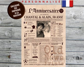Cadeau anniversaire de mariage, Affiche journal rétro, Cadeau anniversaire, Cadeau couple, Affiche personnalisée, 50 ans, Journal français