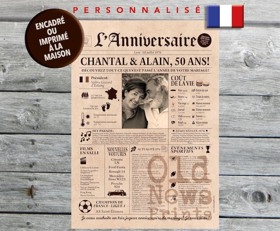 Cadeau anniversaire de mariage, Affiche journal rétro, Cadeau anniversaire, Cadeau couple, Affiche personnalisée, 50 ans, Journal français