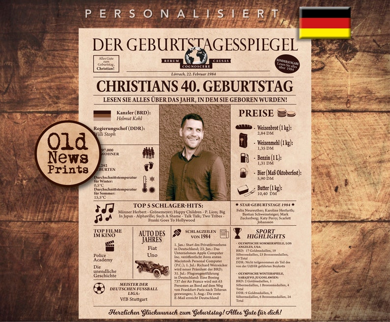 Geburtstagsposter 1984 – Vintage Design Mit Ereignissen Des Jahres, DIN A4, 400 G/m², Perfekt Als Geschenk Oder Deko Für Geburtstagspartys