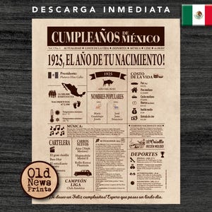 100 ans Célébration : Portada millésime Periódico Cumpleaños, Año de Nacimiento en México, 1925 Regalo Único. Retour en 1925
