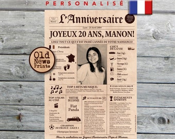 Cadeau 20 ans femme , Affiche journal rétro, Cadeau anniversaire, Cadeau femme 20 ans, Affiche personnalisée, Né en 2004, Journal français