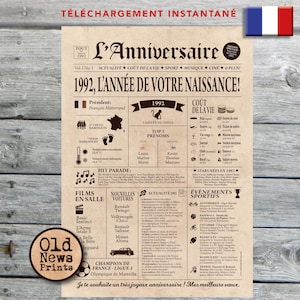 Affiche 1992 - Affiche année de naissance, anniversaire 33 ans, décoration fête anniversaire, cadeau de dernière minute