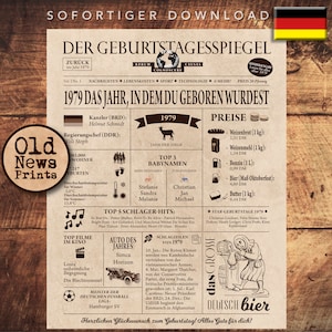 May include: A vintage-style newspaper clipping with a brown background and a headline that reads "1979 Das Jahr, in dem du geboren wurdest" (1979 The year you were born). The clipping includes information about the year 1979, including top songs, movies, and events. The clipping is a printable birthday card.