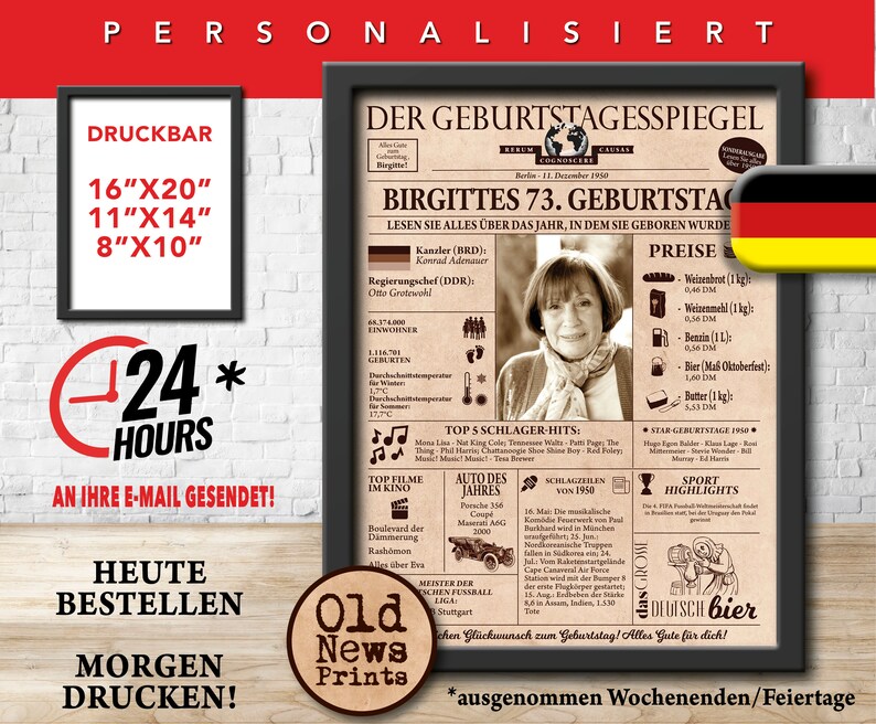 60th Birthday gift, Personalized Birthday newspaper poster, Born in 1964, German Birthday gift, Birthday party decoration, 60 years old image 2