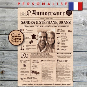Noces de perle, Cadeau anniversaire de mariage, Affiche journal rétro, Cadeau couple, Affiche personnalisée, 1973, Journal français