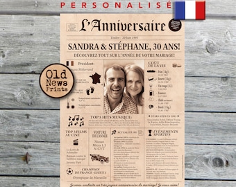 Noces de perle, Cadeau anniversaire de mariage, Affiche journal rétro, Cadeau couple, Affiche personnalisée, 1973, Journal français