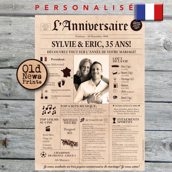 Noces de rubis, Cadeau anniversaire de mariage, Affiche journal rétro, Cadeau noces de rubis, Cadeau couple, 1988, Journal français