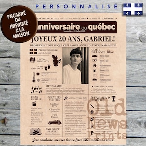 Journal de naissance Québec 2005 - Affiche année de naissance, anniversaire 20 ans, décoration fête anniversaire, cadeau 20 ans, CANADA