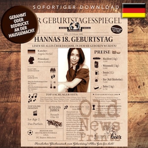 May include: A vintage-style newspaper-themed birthday poster with a photo of a young woman, a title that reads "Hanna's 18th Birthday", and a list of events and prices from the year 2006. The poster is decorated with a German flag and a beer stein.