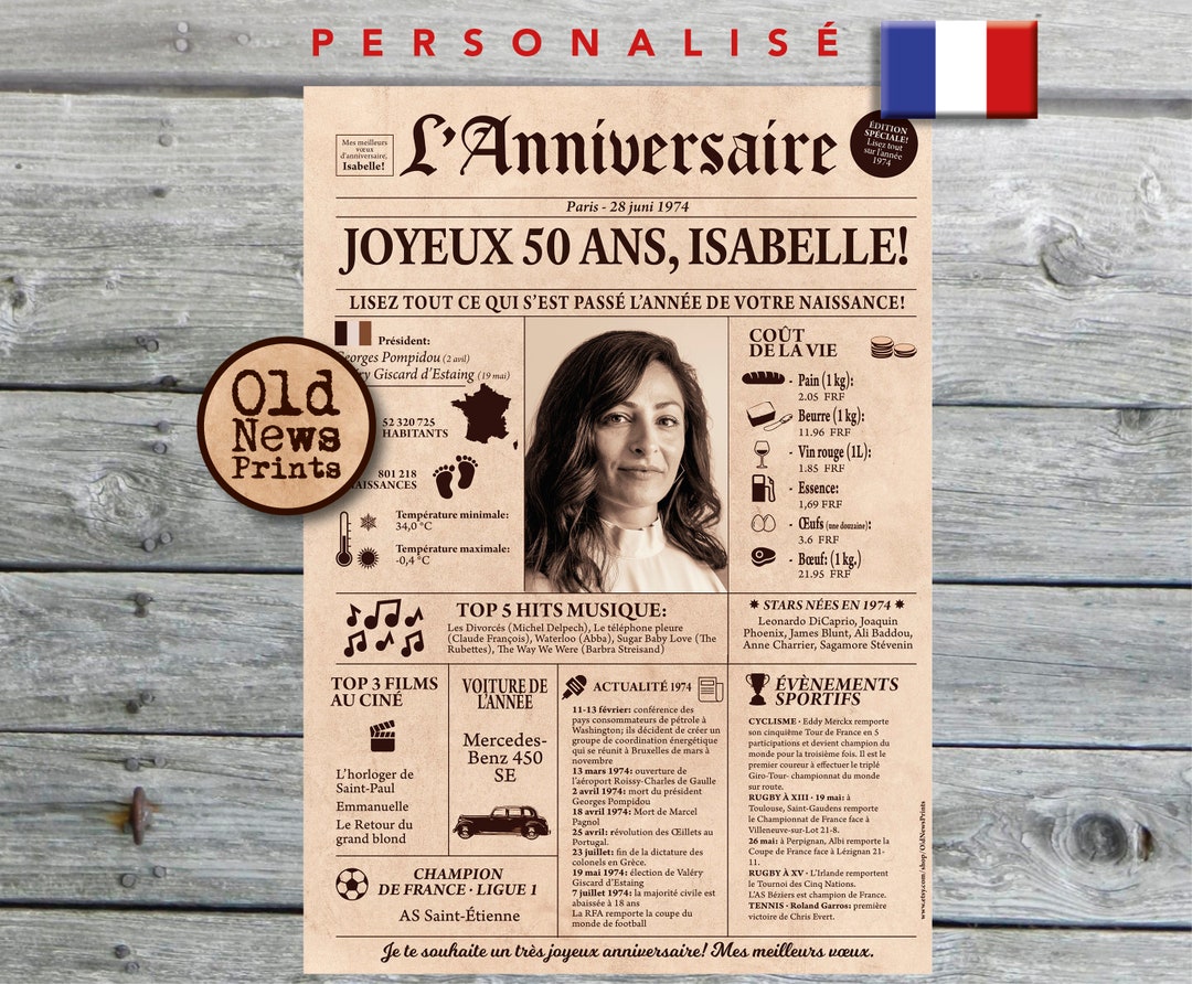 Cadeau femme 50 ans, Cadeau anniversaire, Affiche journal rétro, Cadeau