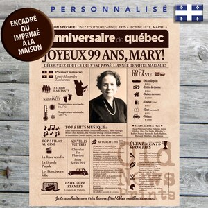Journal de naissance Québec 1925 - Affiche année de naissance, anniversaire 99 ans, décoration fête anniversaire, cadeau 99 ans, CANADA