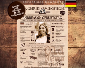 May include: A vintage newspaper-style birthday card with a photo of a woman and text that reads "Andreas 60. Geburtstag". The card includes details about the year 1964, including the Chancellor of Germany, the price of bread, and popular songs.