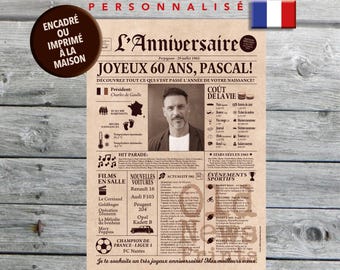 Cadeau 60 ans, Affiche journal rétro, Cadeau anniversaire, Cadeau Homme 60 ans, Affiche personnalisée, Né en 1965, Affiche journal français