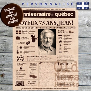 Journal de naissance Québec 1949 - Affiche année de naissance, anniversaire 75 ans, décoration fête anniversaire, cadeau 90 ans, CANADA