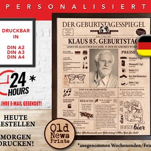 以下が含まれることがあります： 男性の写真と「Der Geburtstagsspiegel Klaus 85. Geburtstag」というテキストが書かれた、ヴィンテージな新聞風の印刷可能なポスター。ポスターには、ワイン、ビール、バターなど、1939年のさまざまな商品の価格リストが掲載されています。また、1939年のトップ5シュラーガーヒット、トップ映画、新車のリストも掲載されています。ポスターはドイツ国旗とビールジョッキを持った人の漫画イラストで飾られています。