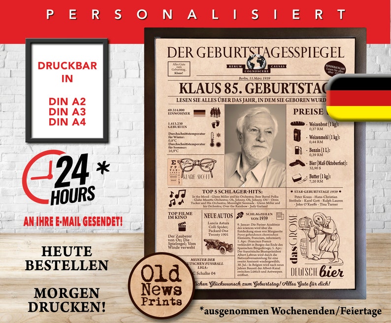 以下が含まれることがあります： 男性の写真と「Der Geburtstagsspiegel Klaus 85. Geburtstag」というテキストが書かれた、ヴィンテージな新聞風の印刷可能なポスター。ポスターには、ワイン、ビール、バターなど、1939年のさまざまな商品の価格リストが掲載されています。また、1939年のトップ5シュラーガーヒット、トップ映画、新車のリストも掲載されています。ポスターはドイツ国旗とビールジョッキを持った人の漫画イラストで飾られています。