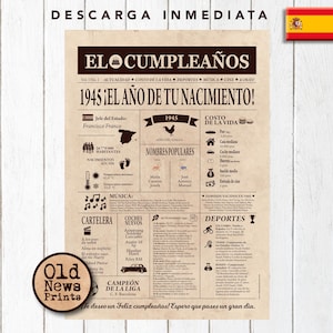 80 beroemdheden: Portada Vintage Periódico Cumpleaños, Año de Nacimiento en España, 1945 Regalo nico
