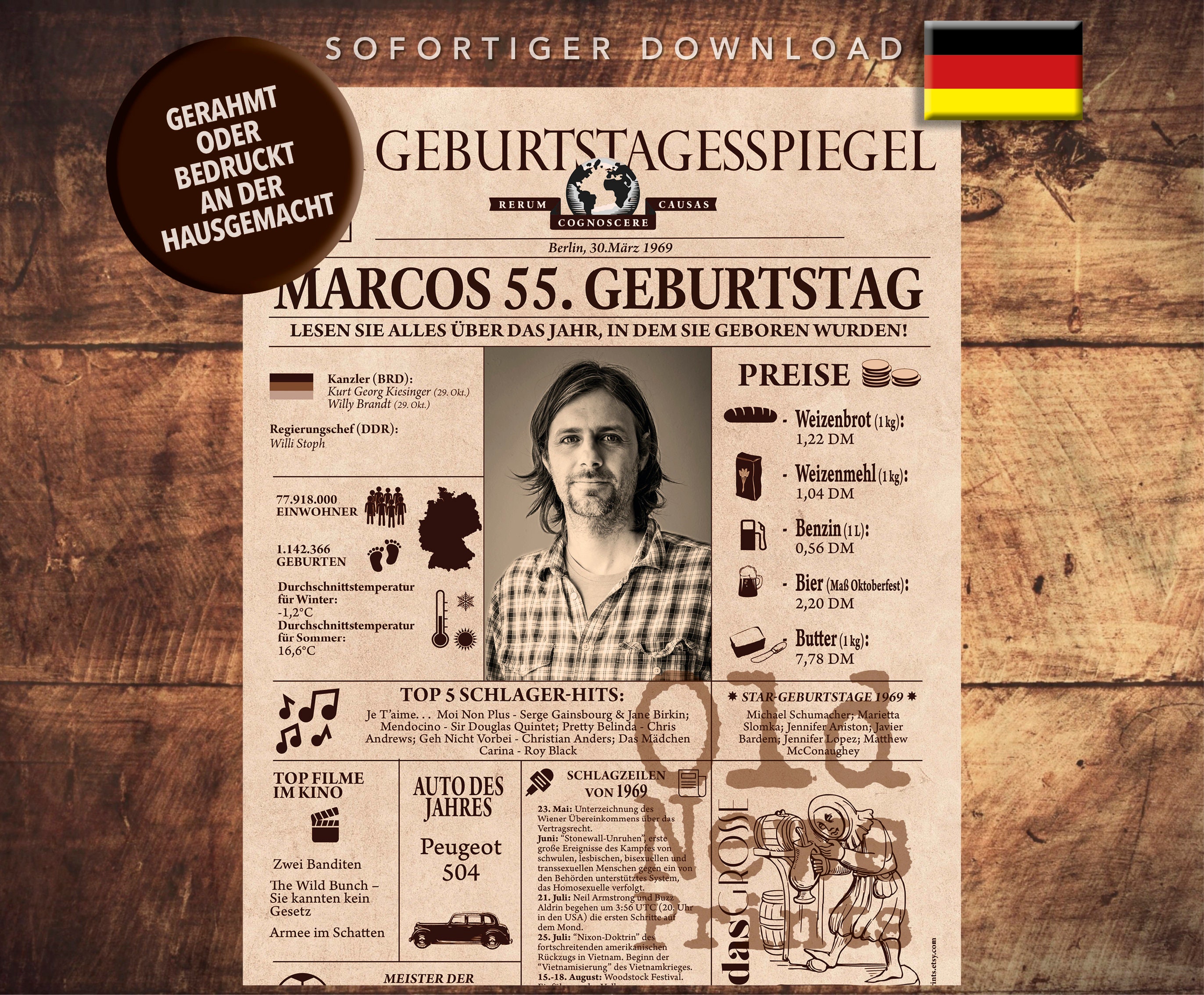 55. Geburtstag 1969, personalisierte Zeitungsplakat, Vintage Geburtstagsgeschenk mit echten Daten