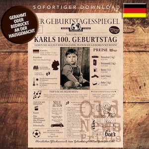 100. Geburtstag 1926, Geschenk personalisiertes Zeitungsplakat, DEUTSCH Vintage Geburtstagsgeschenk mit echten Daten