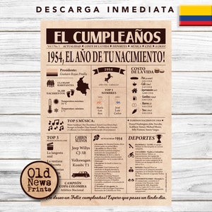 71 Años Celebración: Portada Vintage Periódico Cumpleaños, Año de Nacimiento en Colombia, 1954 Regalo Único