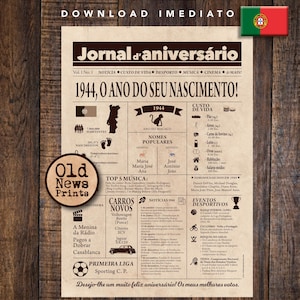 1944 Jornal Vintage Portugal | Cartaz Presente Aniversário 81 anos | Download Instantâneo | Newspaper, Personalized gift | Last minute gift