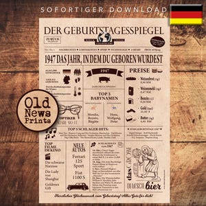 May include: A vintage-style newspaper clipping with the headline "Der Geburtstagsspiegel" and the year "1947" in a brown frame. The clipping includes information about the year 1947, including top baby names, popular songs, and prices of common goods.