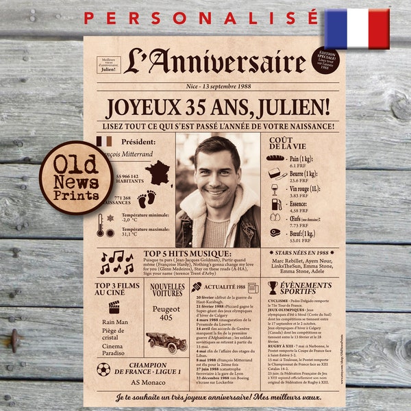 Journal de naissance 1988 - Affiche année de naissance, anniversaire 35 ans, décoration fête anniversaire, cadeau 35 ans, journal français