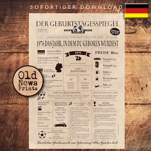 May include: A vintage-style newspaper design with the headline "Der Geburtstagsspiegel" and the year "1976" in bold. The newspaper features a variety of information about the year 1976, including top baby names, popular songs, and news headlines. The newspaper is printed on a brown background.