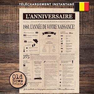 Affiche 1960 BELGIQUE numérique - Une du journal 1960 - Année de naissance, anniversaire 65 ans, idée cadeau original, déco rétro à imprimer