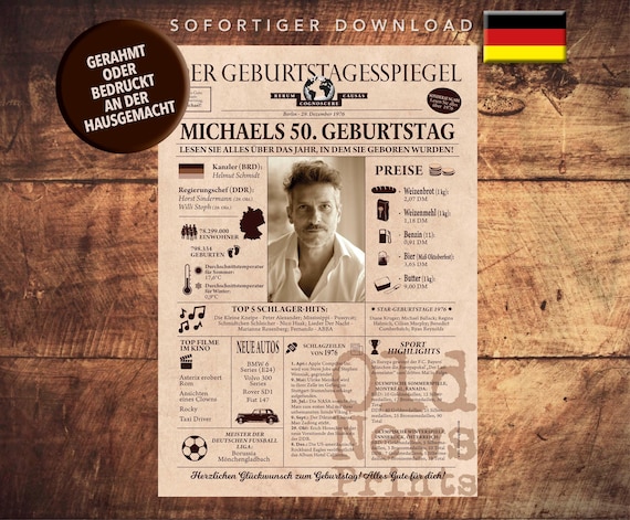 Geschenkidee zum 50. Geburtstag | Personalisierte Zeitung Deutschland | Vintage Titelseite Geburtsjahr | 50th birthday gift